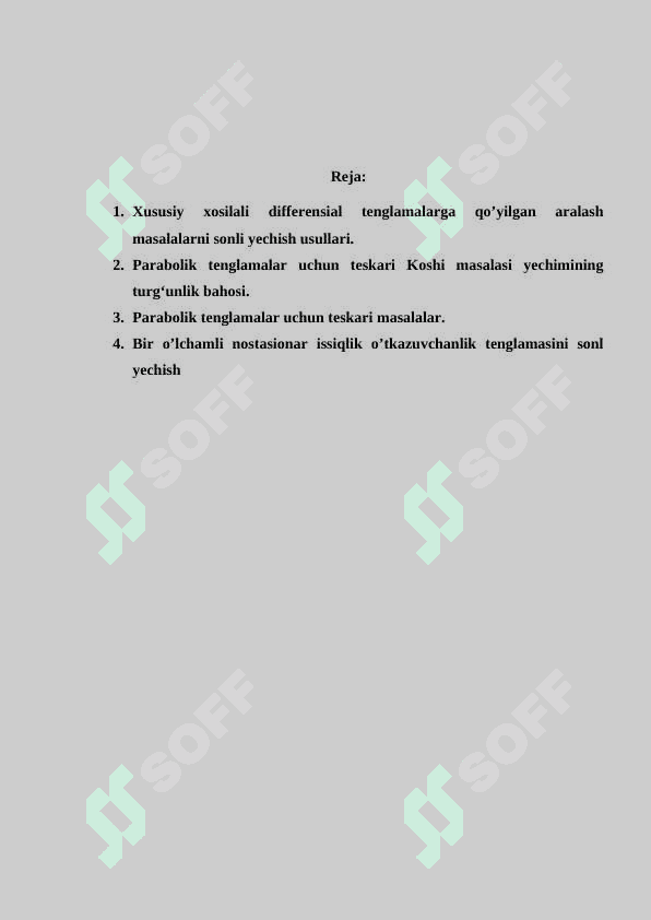 XHDT sonli yechish usullari. Parabolik tipdagi tenglamaga qo’yilgan aralash masalani sonli yechish usuli(o’zgarmas koeffitsientli xol). 1