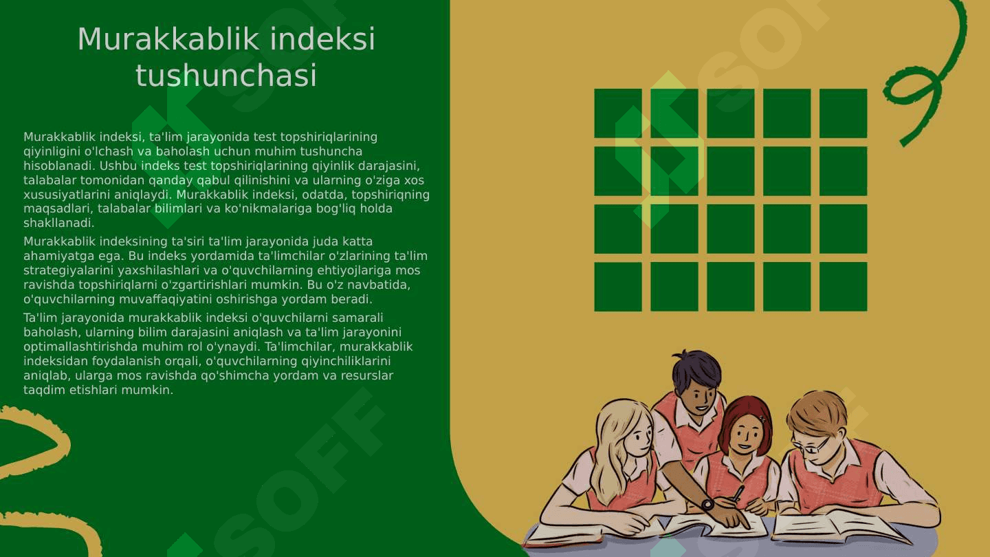 Slide. Maktab va oliy taʼlimda foydalanish uchun  Test topshiriqlarining murakkablik indeksi ( affektivlik ) va diskriminativligi 3