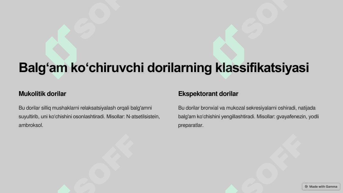 Yoʻtalga qarshi va balgʻam koʻchiruvchi dori vositalarining klinik farmakologiyasi 4