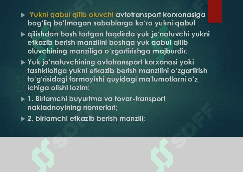 Yuklarni berish va yetkazib berish manzilini oʻzgartirish qoidalari, yuklarni berish usullari bilan tanishib chiqish 3