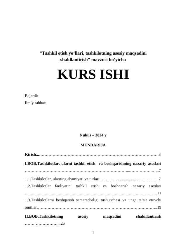 “Tashkil etish yo‘llari, tashkilotning asosiy maqsadini shakllantirish”