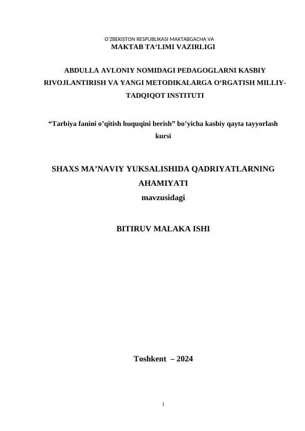 Shaxs ma'naviy shakillanishida qadryatlar