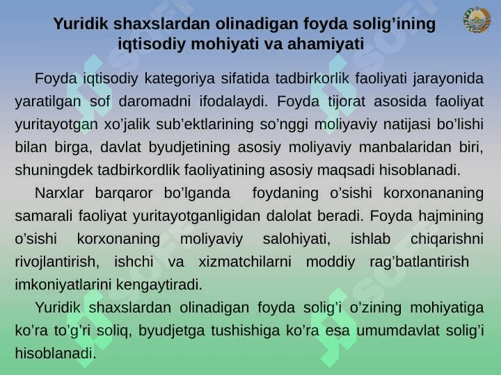 Foyda solig‘i. Yuridik shaxslardan olinadigan foyda solig’i 2