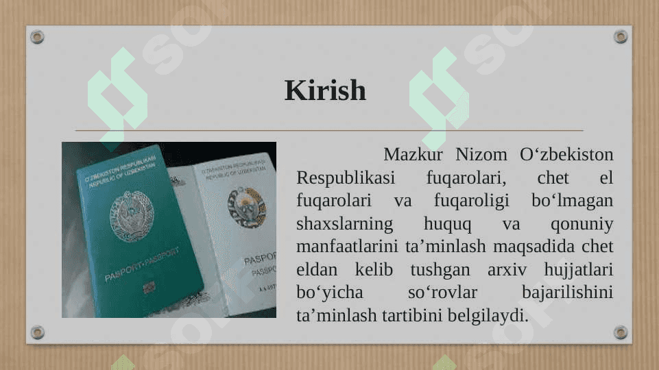 Oʼzbekiston Respublikasi fuqarolari, chet el fuqarolari va fuqaroligi boʼlmagan shaxslarning huquqlari va qonuniy manfaatlarini taʼminlash yuzasidan xorijdan kelib tushgan arxiv hujjatlari boʼyicha soʼrovlar ijrosini taʼminlash tartibi toʼgʼrisida NIZOM 3