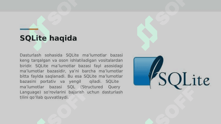 MOBIL ILOVALARDA MA’LUMOTLAR BAZASI YARATISH, UNDA QO‘SHISH, O‘CHIRISH VA YANGILASH AMALLARINI DASTURLASH. SQLITE MA’LUMOTLAR BAZASI 2