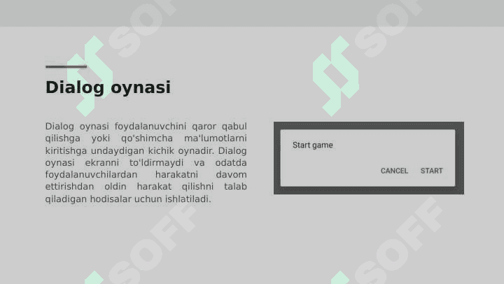 MOBIL ILOVALARNI ISHLAB CHIQISHDA BOSHQARUV ELEMENTLARIDAN FOYDALANISH. DIALOG OYNALARI BILAN ISHLASH 2
