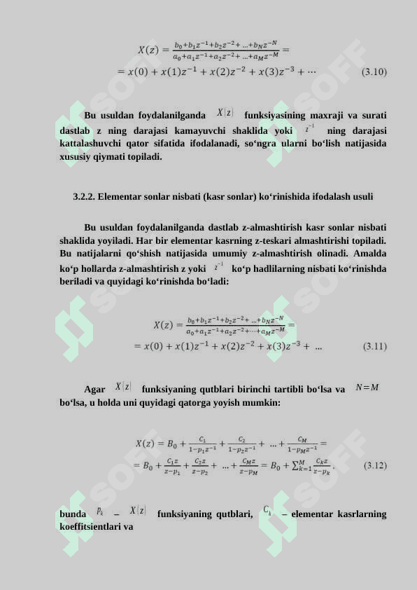 Z-ALMASHTIRISH. DISKRET VAQT TIZIMLARI. TO‘G‘RI VA TESKARI Z-ALMASHTIRISHLAR. DARAJALI QATORGA YOYISH USULI. ELEMENTAR SONLAR NISBATI (KASR SONLAR) KO‘RINISHIDA IFODALASH USULI. Z-TESKARI ALMASHTIRISH USULLARINI TAQQOSLASH. Z-ALMASHTIRISHNING XOSSALARI. DISKRET VAQT TIZIMLARINI QUTB VA NOLLAR ORQALI IFODALASH. BARQARORLIKNI TADQIQOT QILISH. FARQLANISH TENGLAMASI. IMPULS XARAKTERISTIKASINI BAHOLASH. 5