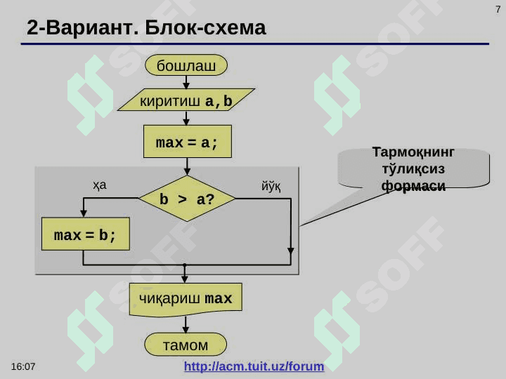 C/C++ tilining tuzilmasi. Tarmoqlanish operatorlari: shartli operator. To‘liq tarmoqlanish. Noto‘liq tarmoqlanish. Tanlash operatori (switch- case i default konstruksiyalari). Uzilishni tashkil etish- break. Shartsiz o‘tish operatori (goto). 7