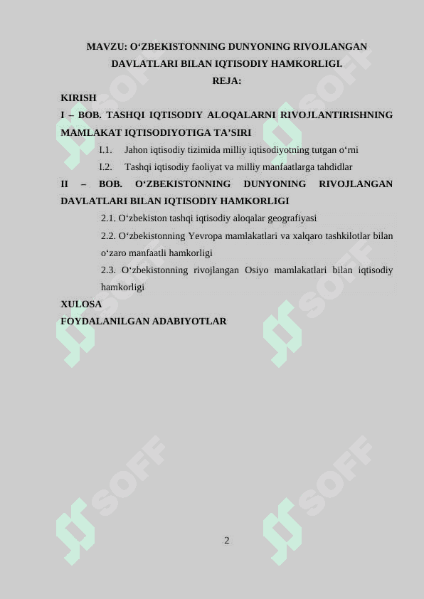 O‘ZBEKISTONNING DUNYONING RIVOJLANGAN DAVLATLARI BILAN IQTISODIY HAMKORLIGI. 2