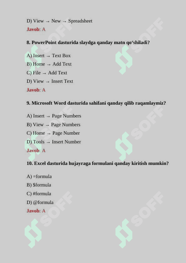 “Informatika” fanidan Microsoft Office dasturi boʻyicha 30 ta test savoli va javoblari bilan 3