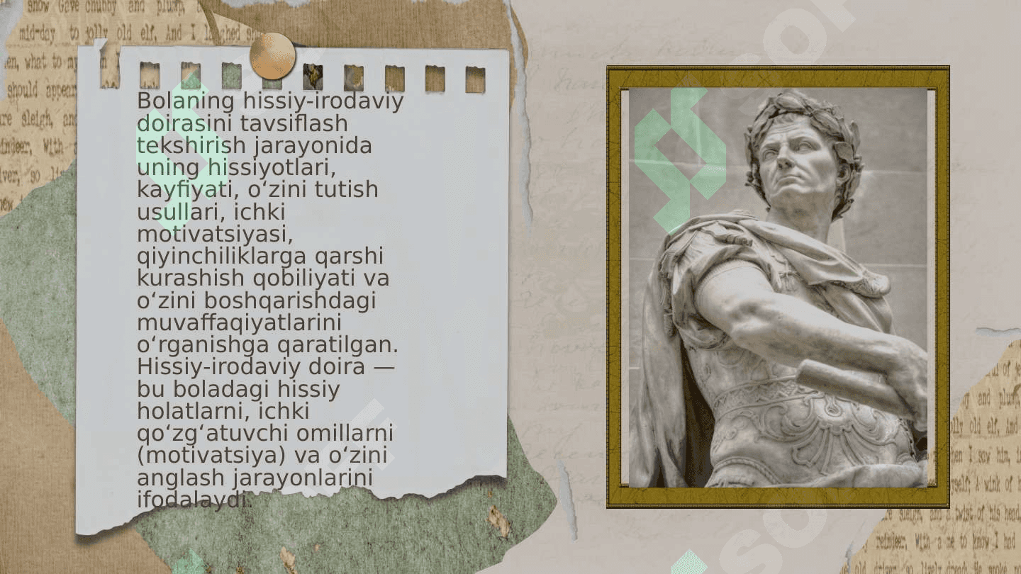 Tekshirish jarayonida bolaning xissiy-irodaviy doirasini tavsiflab berish.Xulosalarni kuzatishdagi da’lillar bilan isbotlash 3