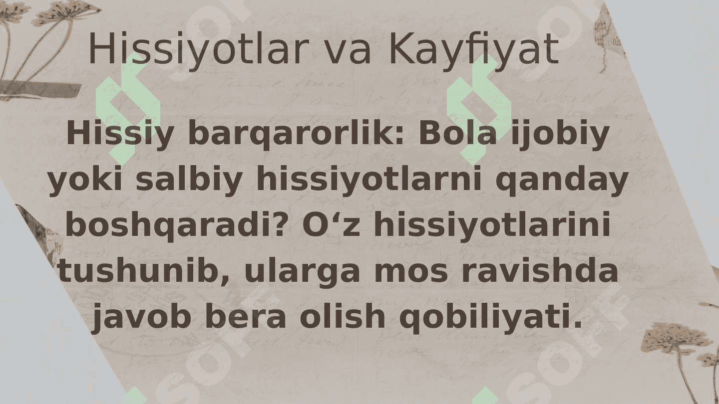 Tekshirish jarayonida bolaning xissiy-irodaviy doirasini tavsiflab berish.Xulosalarni kuzatishdagi da’lillar bilan isbotlash 4