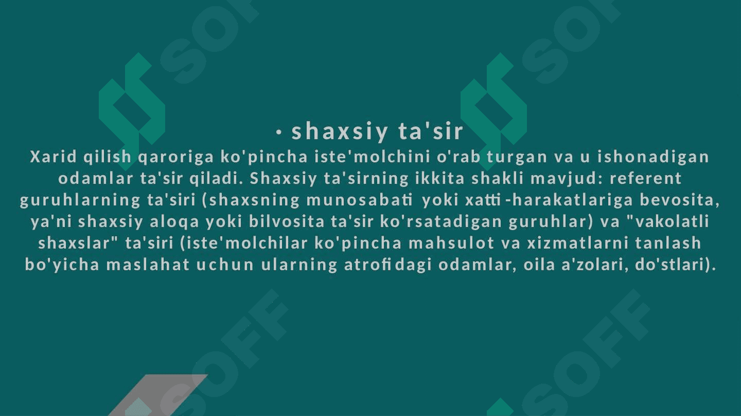 ISTE'MOLСHILAR XULQ ATVORIGA TA'SIR QILUVCHI OMILLAR 8