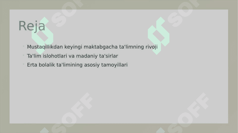 OʻZBEKISTONDA MUSTAQILLIKGA ERISHGANDAN KEYINGI DAVRDAGI MAKTABGACHA TAʼLIM 2