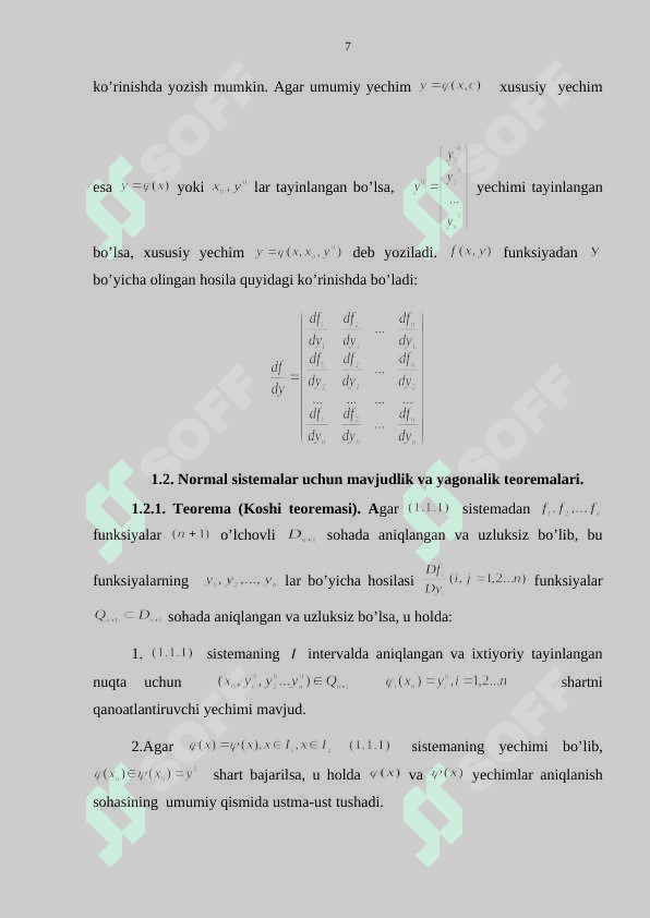 Differensial tenglamalarning normal sistemasi. Umumiy tushunchalar 7