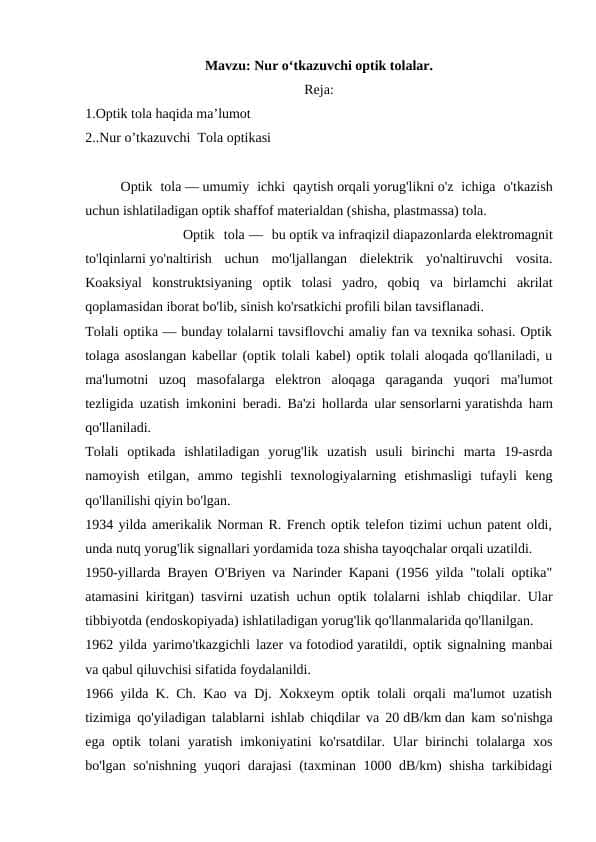 Nur o‘tkazuvchi optik tolalar. 1