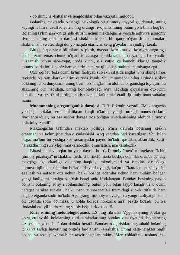 Bolani maktab ta’limiga ijtimoiy-psixologik tayyorgarligi   KURS ISHI 4