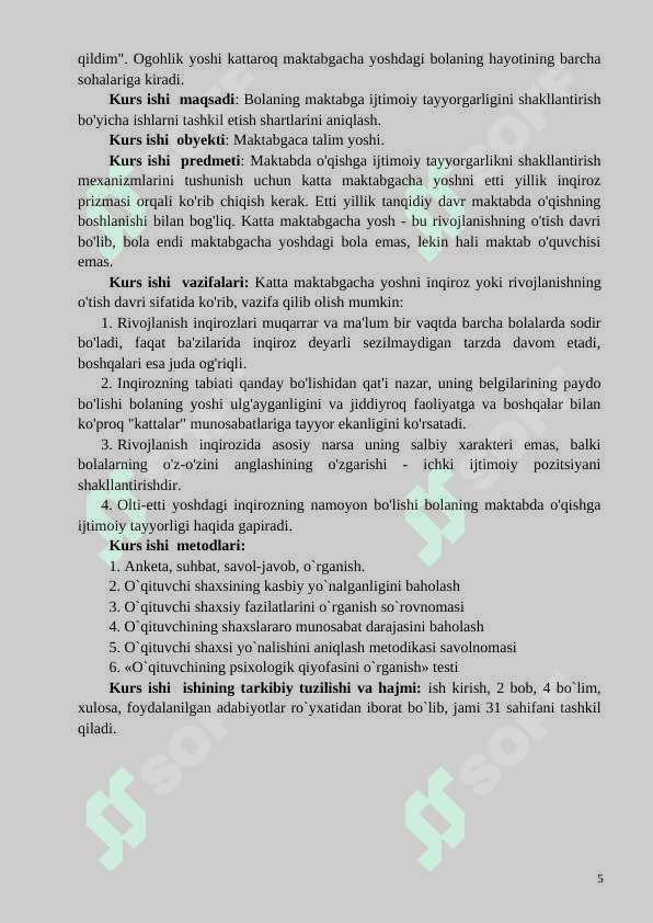 Bolani maktab ta’limiga ijtimoiy-psixologik tayyorgarligi   KURS ISHI 5