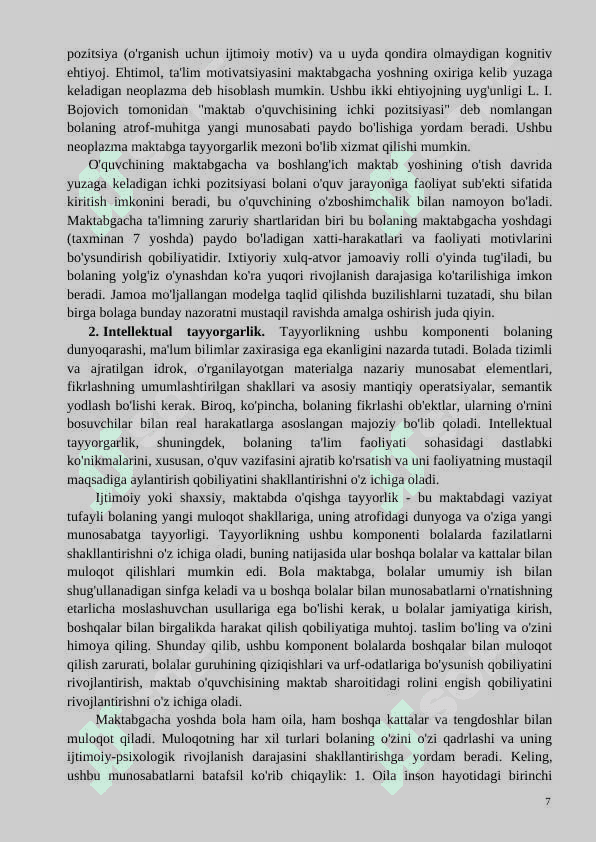 Bolani maktab ta’limiga ijtimoiy-psixologik tayyorgarligi   KURS ISHI 7