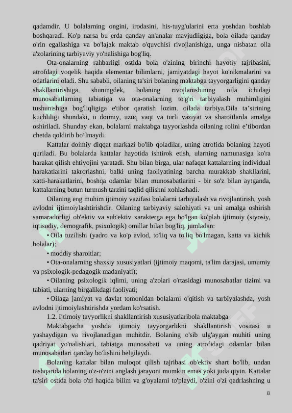 Bolani maktab ta’limiga ijtimoiy-psixologik tayyorgarligi   KURS ISHI 8
