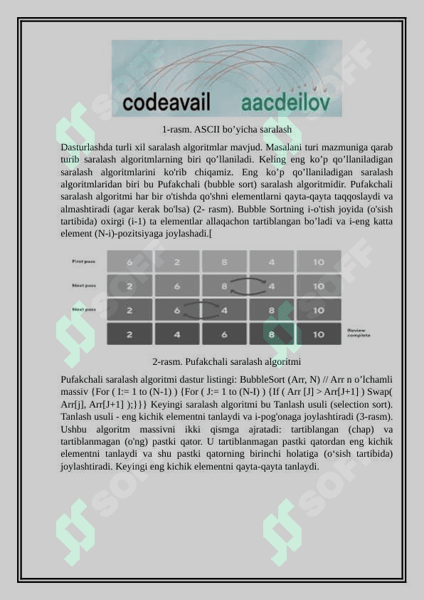 Saralash algoritmlari. Algoritmlar tahlili va algoritimlarni ishlab chiqish metodlari.Mavzusiga referat va testlar 3