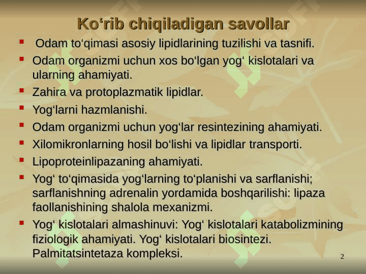 Lipid metabolizmi . Lipidlar almashinuvi biokimyosi 2