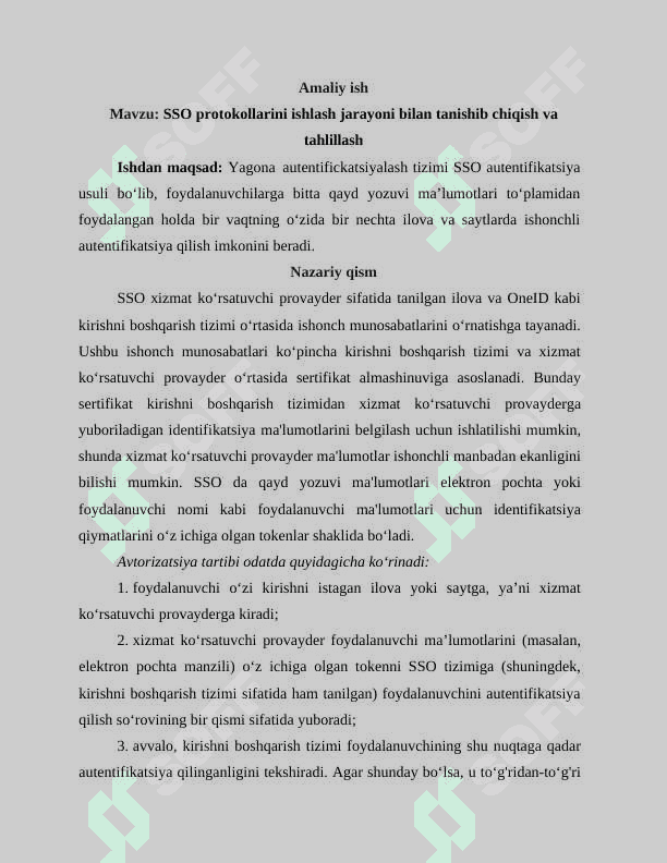 SSO protokollarini ishlash jarayoni bilan tanishib chiqish va tahlillash 2