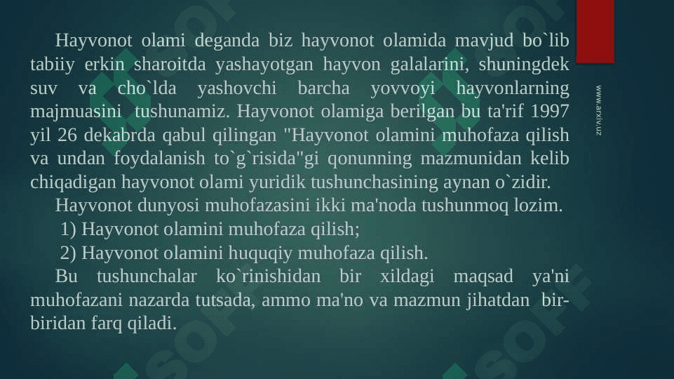 Hayvonot dunyosini muhofaza qilish. Hayvonot dunyosining biosferadagi o'rni 4