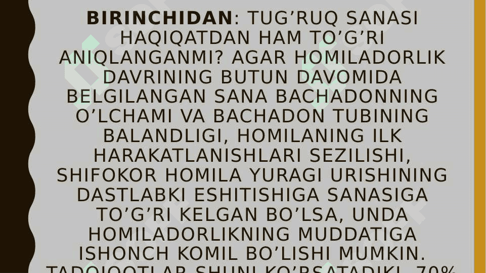 Homiladorlik muddatiga yetmasligi va muddatidan o’tib ketishi to’g’risida tushunchA.etiologiyasi, klinikasi, tashxislash.Tasnifi. “Chin” va “soxta” muddatidan o’tib ketgan homiladorlik to’g’risida tushuncha 5