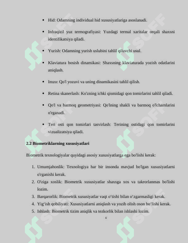 Shaxsni identifikatsiyalashning biometrik vositalari. Biometrik autentifikatsiya usullari 6