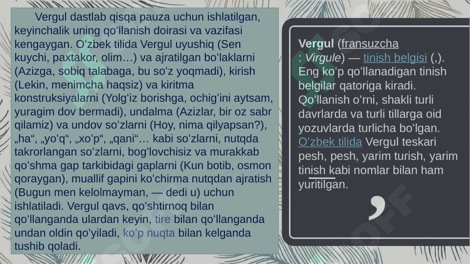 Vergul qo‘yish, so‘zlarni bo‘g‘inlarga bo‘lish qoidalari, chiziqcha, tutuq belgisi, undov va so‘roq belgilarini qo‘llanishi 3