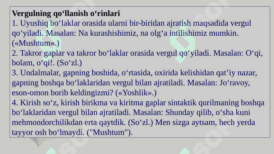 Vergul qo‘yish, so‘zlarni bo‘g‘inlarga bo‘lish qoidalari, chiziqcha, tutuq belgisi, undov va so‘roq belgilarini qo‘llanishi 5
