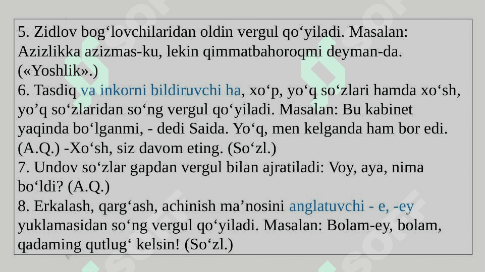 Vergul qo‘yish, so‘zlarni bo‘g‘inlarga bo‘lish qoidalari, chiziqcha, tutuq belgisi, undov va so‘roq belgilarini qo‘llanishi 6