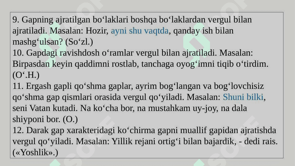 Vergul qo‘yish, so‘zlarni bo‘g‘inlarga bo‘lish qoidalari, chiziqcha, tutuq belgisi, undov va so‘roq belgilarini qo‘llanishi 7