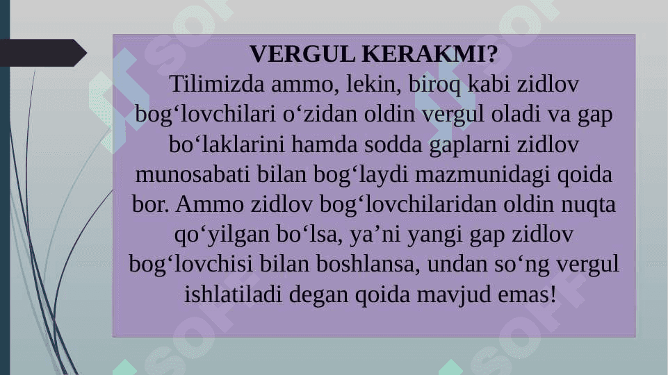 Vergul qo‘yish, so‘zlarni bo‘g‘inlarga bo‘lish qoidalari, chiziqcha, tutuq belgisi, undov va so‘roq belgilarini qo‘llanishi 8