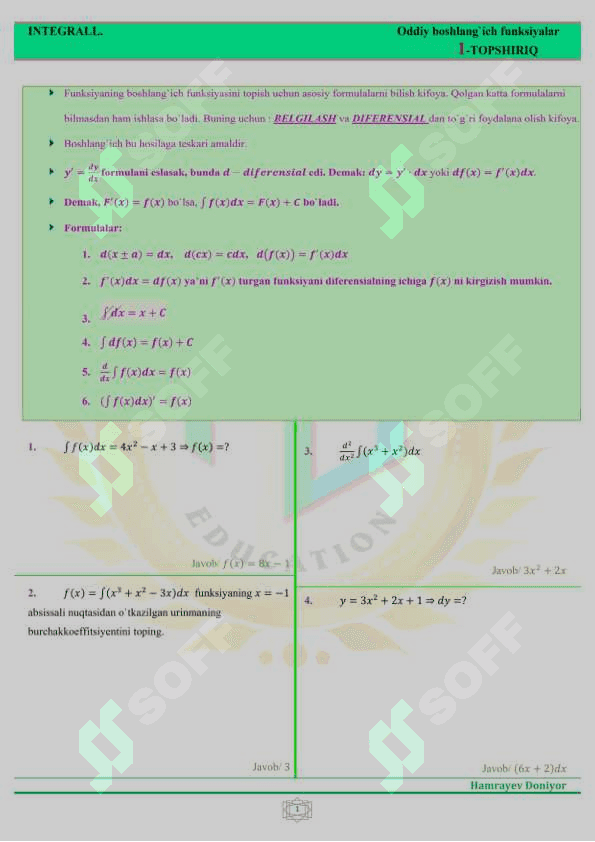 Integrallar. 0 dan 100 gacha natijani ko‘taradi 3