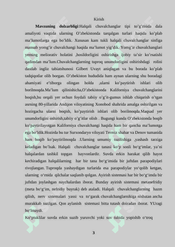 O‘zbekistonda tarqalgan halqali chuvalchanglar xilma-xilligi, ularning tuzilishi, tarqalishi, biologik xususiyatlari va amaliy ahamiyati 3