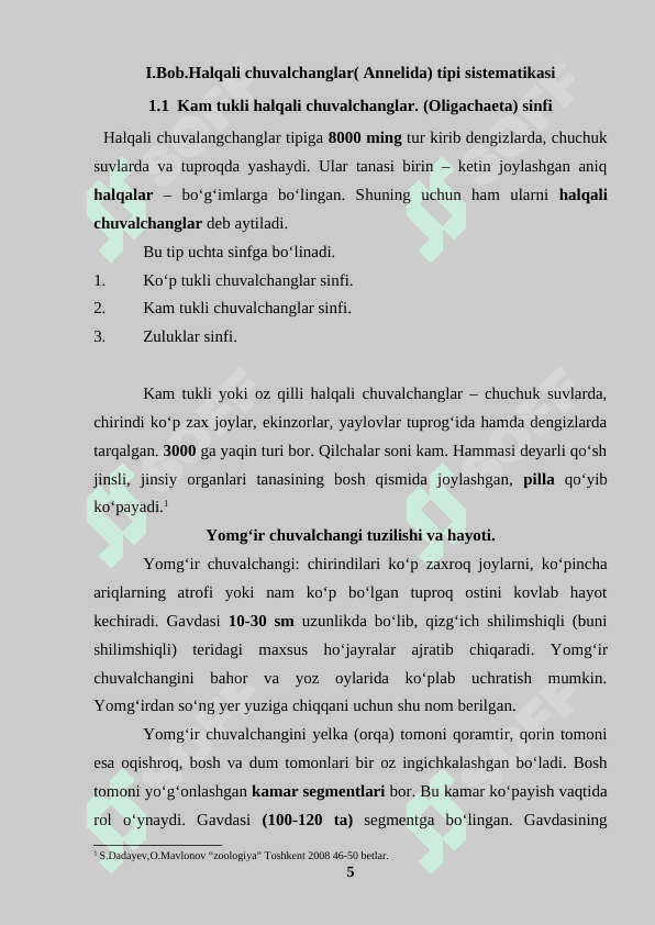 O‘zbekistonda tarqalgan halqali chuvalchanglar xilma-xilligi, ularning tuzilishi, tarqalishi, biologik xususiyatlari va amaliy ahamiyati 5
