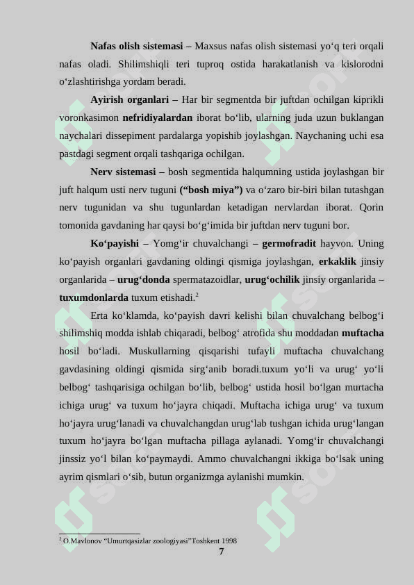 O‘zbekistonda tarqalgan halqali chuvalchanglar xilma-xilligi, ularning tuzilishi, tarqalishi, biologik xususiyatlari va amaliy ahamiyati 7