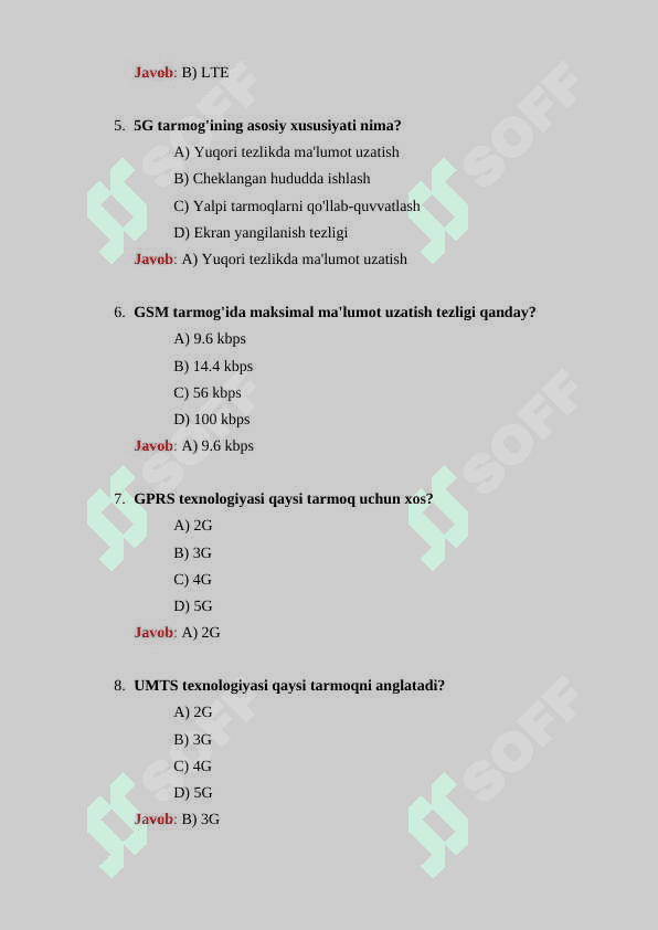 Mobil aloqa texnologiyasi bo'yicha 30 ta test savoli va ularning javoblari javoblari bilan 2