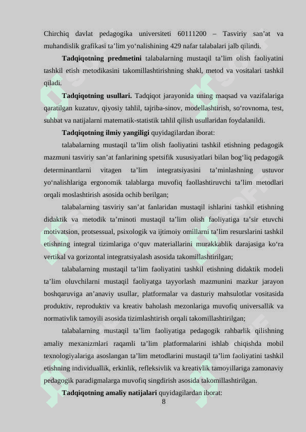 Talabalarning mustaqil ta'lim olish faoliyatini tashkil etish metodikasini takomillashtirish (Dissertatsiya) 1