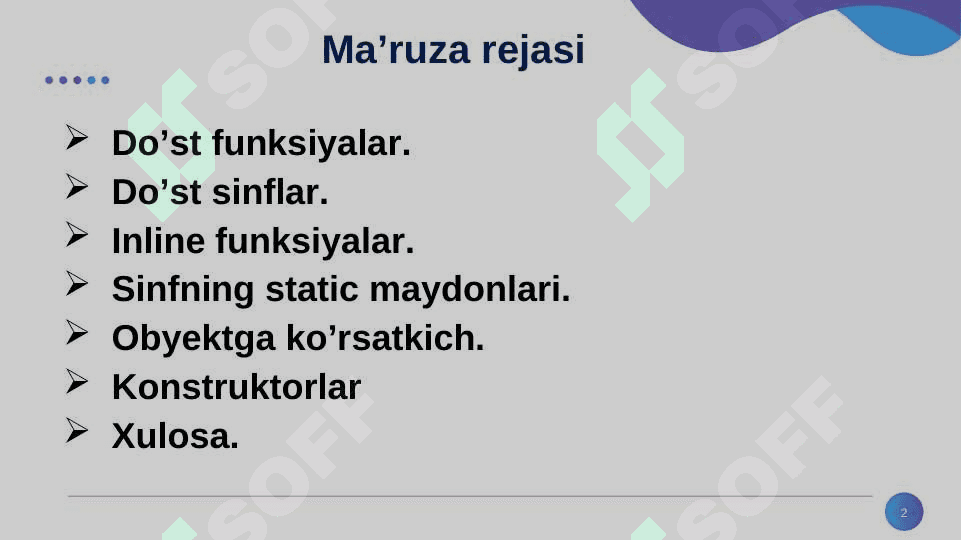 KONSTRUKTORLAR VA DESTRUKTORLAR. DO’ST FUNKSIYA VA DO’ST SINFLAR 2