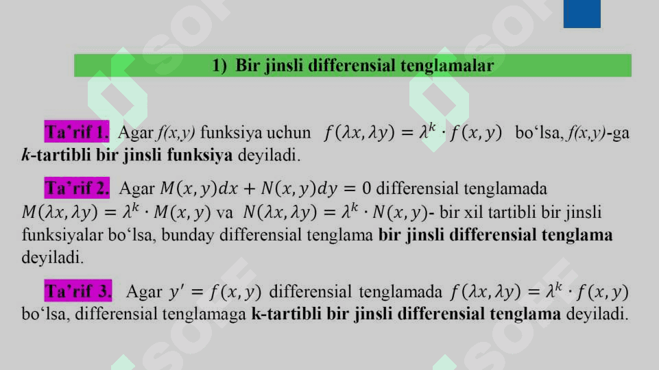 Differensial tenglamalar. Birinchi tartibli chiziqli tenglamalar.  Bernulli va Klero tenglamalari. 2