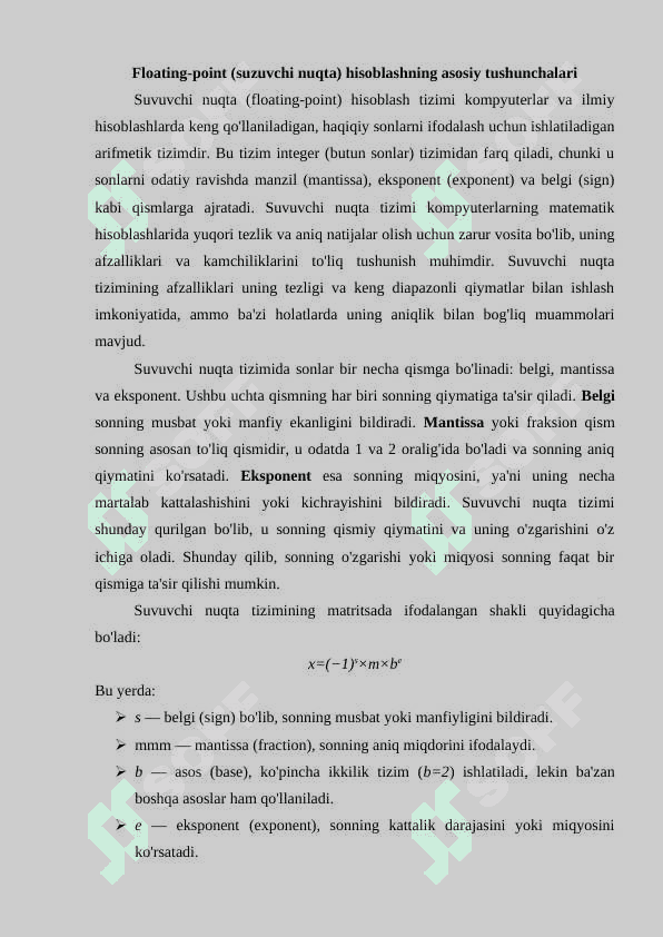 Floating-point (suzuvchi nuqta) hisoblash algoritmlari va IEEE 754 standarti 2
