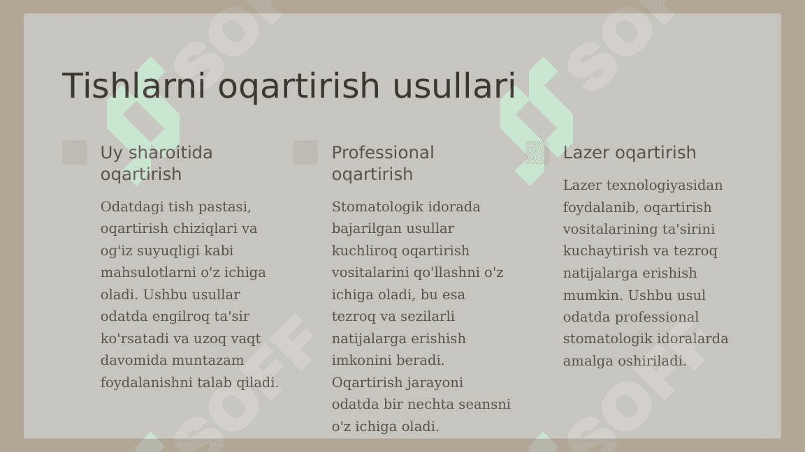 Tishlarni oqartirish  usullari.Tish qattiq  to‘qimalarining  rezistentligini  oshirish usullari. 2