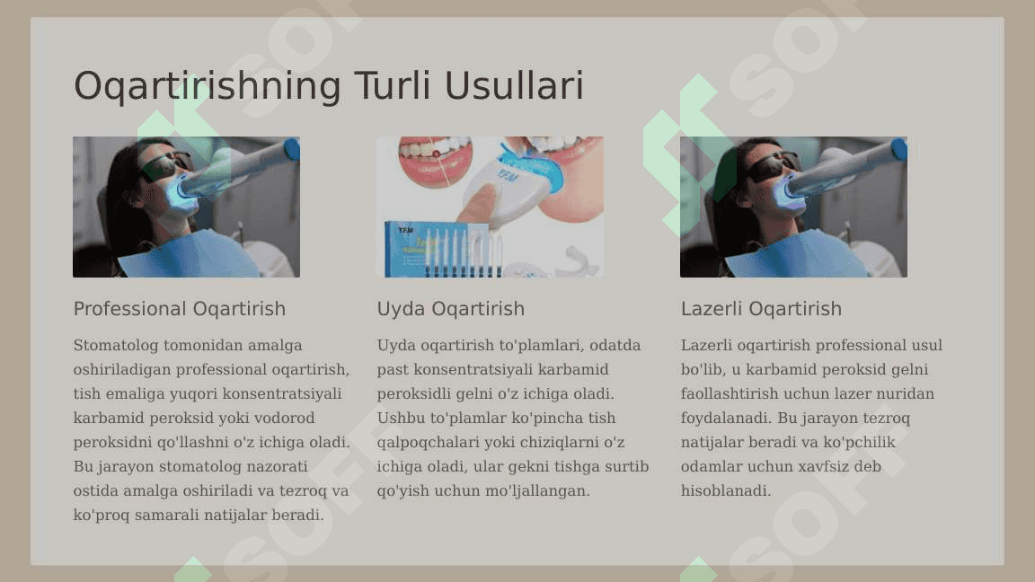 Tishlarni oqartirish  usullari.Tish qattiq  to‘qimalarining  rezistentligini  oshirish usullari. 4