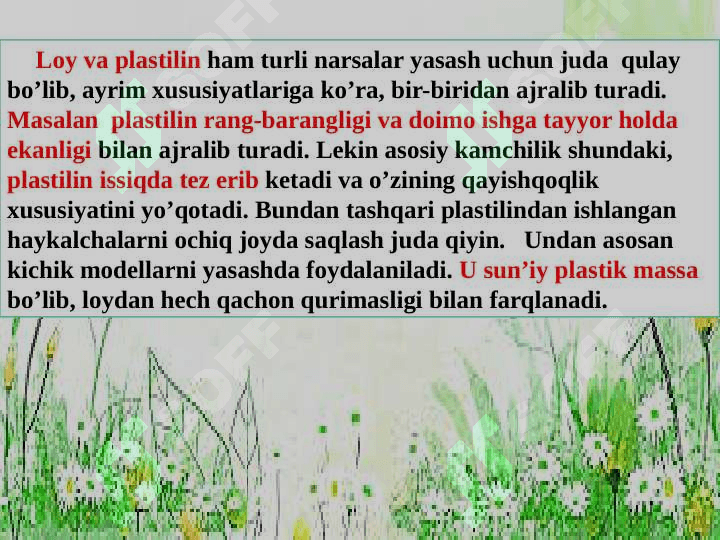 Plastilindan amaliy darslarni tashkil etish metodikasi.  Gazlamadan amaliy darslarni tashkil etish metodikasi 6