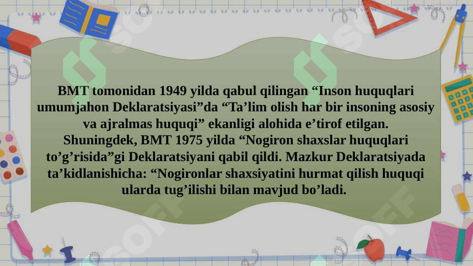 INKLYUZIV TA’LIM MAZMUNI VA MOHIYATI.INKLYUZIV TA’LIMNING USLUBIY ASOSLARI.INKLYUZIV TA’LIMNING PISIXOLOGIK-PEDAGOGIK VA TASHKILIY SHARTLARI 6