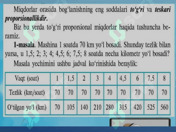 Proporsiya va unga doir masalalar. Uzunlik, og‘irlik va yuza o‘lchov birliklari ustida amallar. Masshtab 4