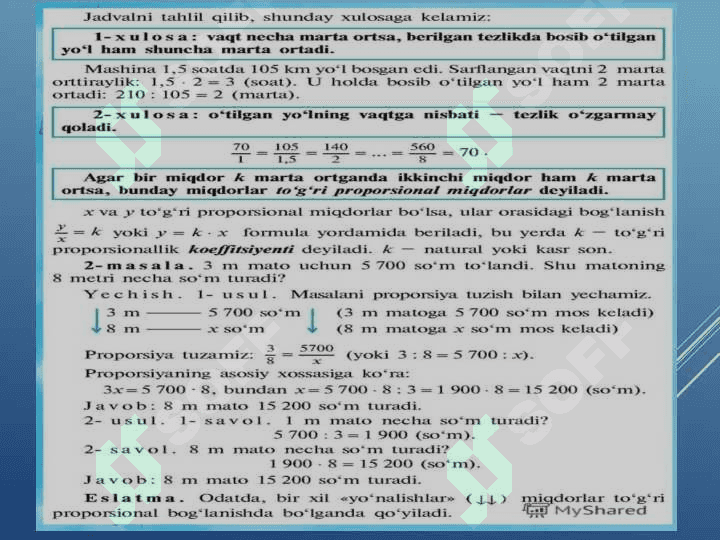 Proporsiya va unga doir masalalar. Uzunlik, og‘irlik va yuza o‘lchov birliklari ustida amallar. Masshtab 5